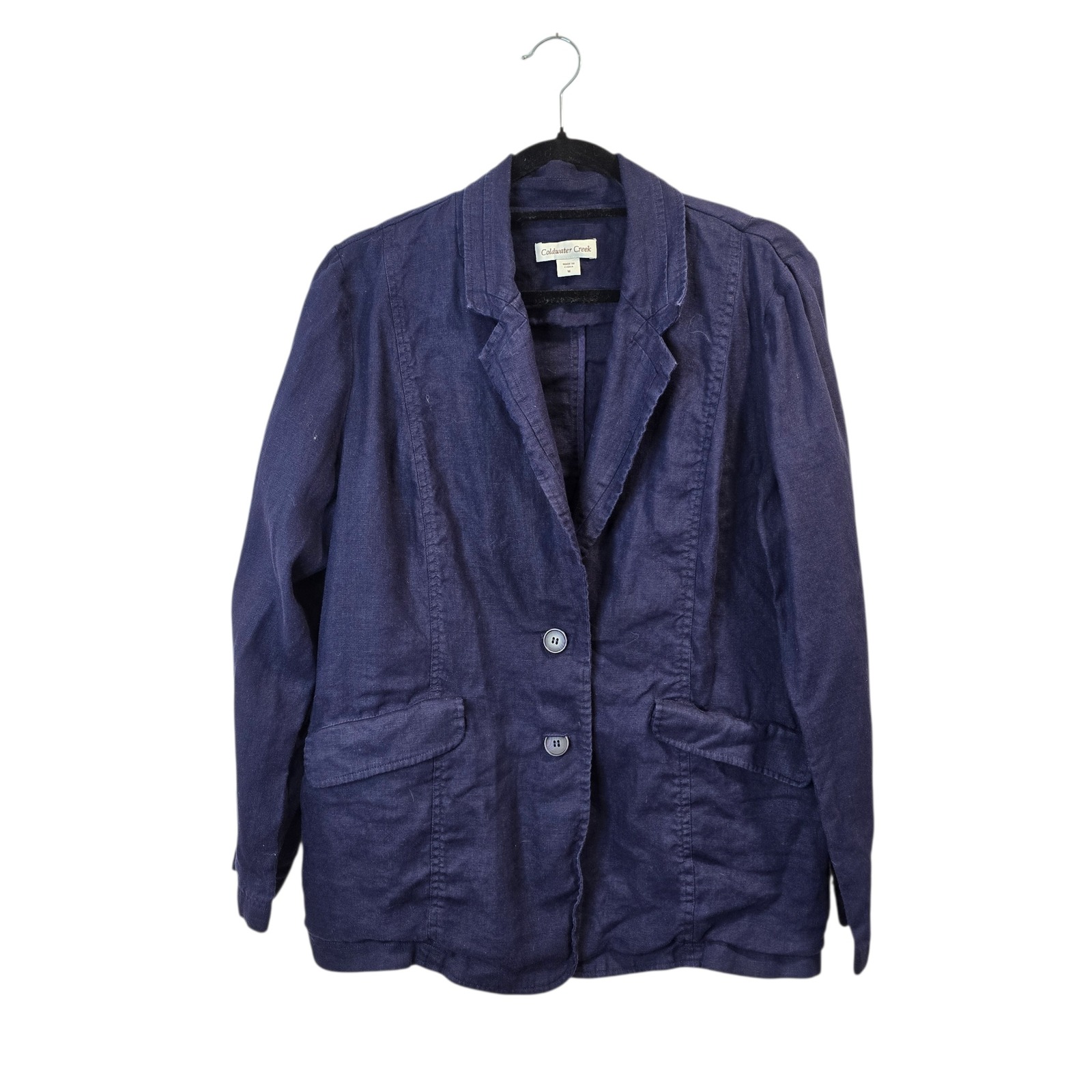 Coldwater Creek Blazer Women Medium M Navy Blue 100% Linen 2 Button Jacket